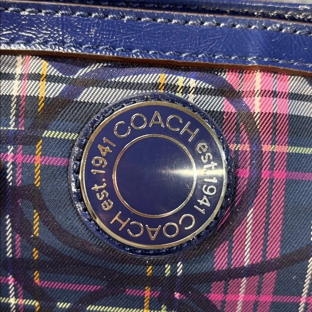 Coach Poppy leather trim Tartan Plaid Signature Bag Pink Purple Black Purse Bag